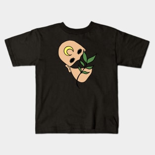 Surreal Black Eyed Plant Person with Crescent Moon Face Tattoo - Medium Skin Kids T-Shirt